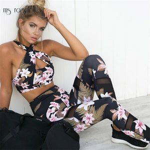 Sport Wear For Women Two Piece Gym Yoga Workout Set Floral Print Conjuntos Deportivos Mujer Fitness Clothing Roupa Feminina