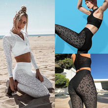 Load image into Gallery viewer, 2PCS Women&#39;s Yoga Wear Set High Waist Gym Fitness Clothing Leopard Print Lace Running Sportswear