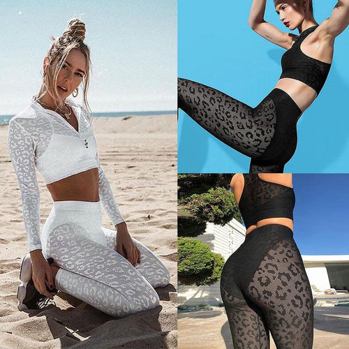 2PCS Women's Yoga Wear Set High Waist Gym Fitness Clothing Leopard Print Lace Running Sportswear