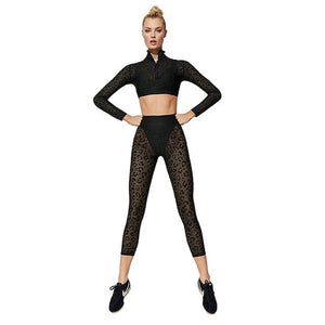 2PCS Women's Yoga Wear Set High Waist Gym Fitness Clothing Leopard Print Lace Running Sportswear