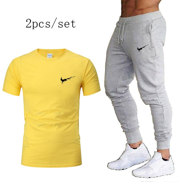 Autumn running set suits Men's Tracksuit Sports Suit Gym Fitness t-shirt+pants Running Jogging Sport Wear Exercise Workout Tight