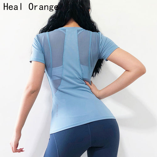 Women Gym Shirt Mesh Stitching Breathable Gym T Shirt Sport Shirt Dry Fit Short Sleeve Running Tshirt Tenis Training Jersey