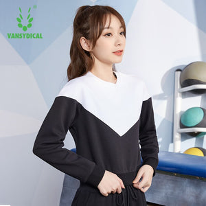 VANSYDICAL Contrast Stitching Cropped Top Loose Sport Sweater Women Sport Pullover Quick Dry Long Sleeve Gym Fitness Casual Tops