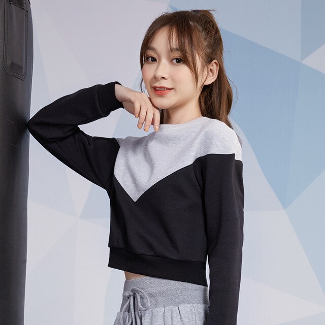 VANSYDICAL Contrast Stitching Cropped Top Loose Sport Sweater Women Sport Pullover Quick Dry Long Sleeve Gym Fitness Casual Tops