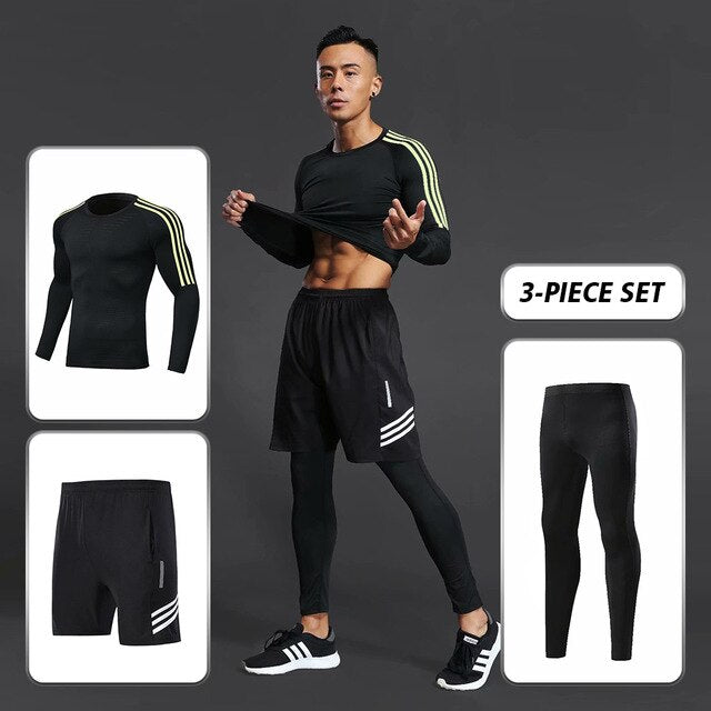 3pcs / set Workout Male Sport Suit Gym Compression Clothes Fitness Running Jogging Sport Wear Exercise Workout Tights