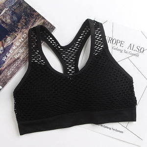 Mesh Sports Bra Hollow Out Sport Top Seamless Fitness Yoga Bras Women Gym Top Padded Running Vest Shockproof Push Up Crop Top