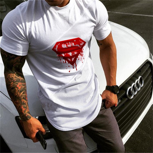 Superman Sport T Shirt Men Cotton Patchwork Mesh Mens Running T-Shirt Sportswear Bodybuilding Fitness Shirt slim fit Gym Tshirt