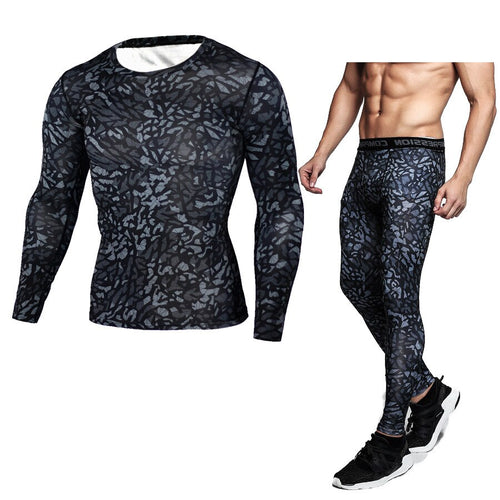 Men's Sports Running Set Compression Shirt & Pants Skin-Tight Long Sleeves Quick Dry Fitness Training Clothes Gym Wear