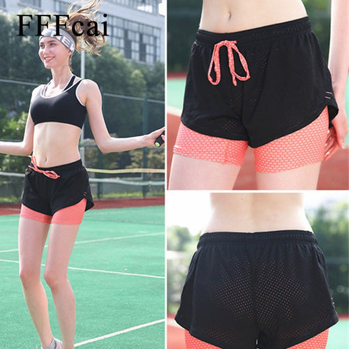 FFFcai  2 in 1 Unisex Summer Yoga Shorts Mesh Breathable Ladie Girl Short Pants Running Athletic Sport Fitness Clothes Jogging